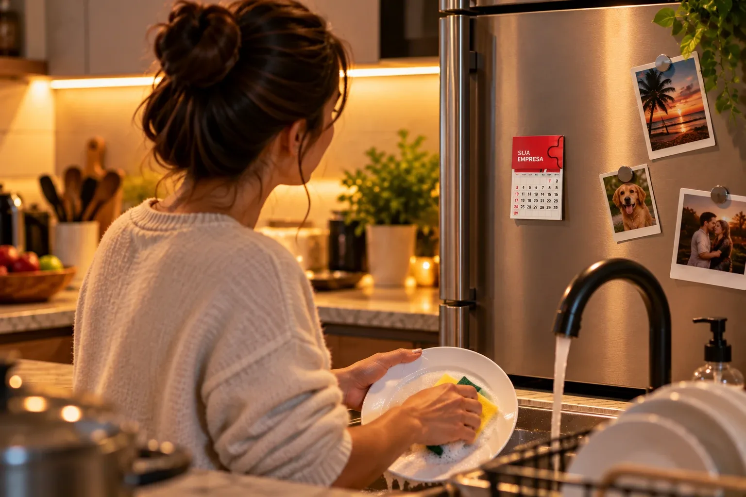 Mulher lavando louça na cozinha, olhando para a geladeira onde está preso um calendário ímã com a marca de uma empresa