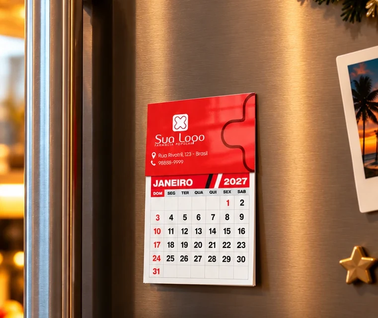 Calendário ímã vermelho de janeiro de 2027 preso na porta de uma geladeira de inox, numa cozinha decorada para o Natal